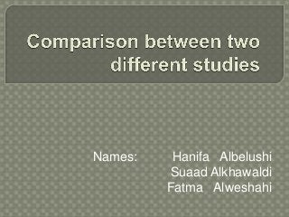 Names:    Hanifa Albelushi
         Suaad Alkhawaldi
         Fatma Alweshahi
 