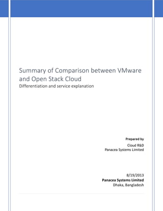 Summary of Comparison between VMware
and Open Stack Cloud
Differentiation and service explanation
Prepared by
Cloud R&D
Panacea Systems Limited
8/19/2013
Panacea Systems Limited
Dhaka, Bangladesh
 