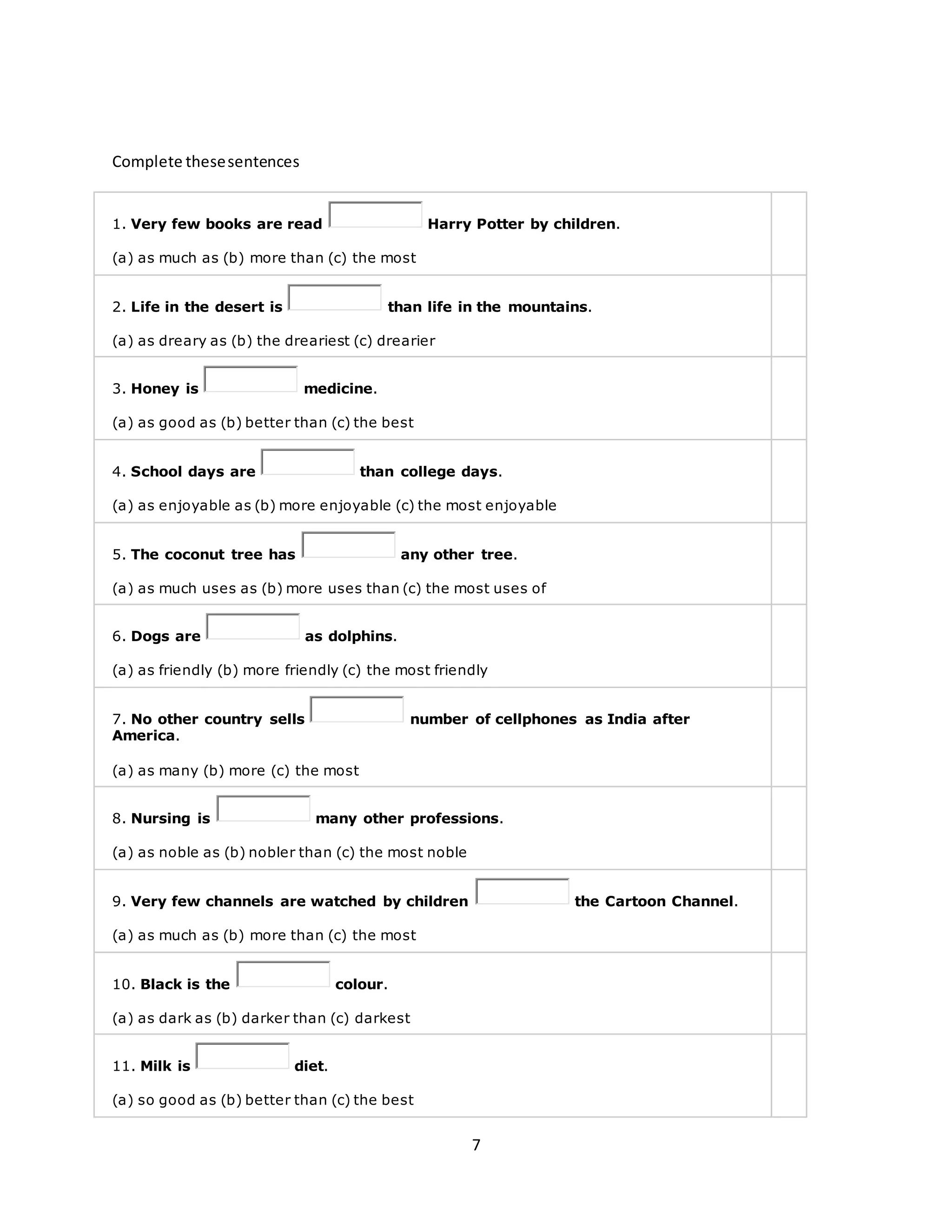 7
Complete thesesentences
1. Very few books are read Harry Potter by children.
(a) as much as (b) more than (c) the most
2. Life in the desert is than life in the mountains.
(a) as dreary as (b) the dreariest (c) drearier
3. Honey is medicine.
(a) as good as (b) better than (c) the best
4. School days are than college days.
(a) as enjoyable as (b) more enjoyable (c) the most enjoyable
5. The coconut tree has any other tree.
(a) as much uses as (b) more uses than (c) the most uses of
6. Dogs are as dolphins.
(a) as friendly (b) more friendly (c) the most friendly
7. No other country sells number of cellphones as India after
America.
(a) as many (b) more (c) the most
8. Nursing is many other professions.
(a) as noble as (b) nobler than (c) the most noble
9. Very few channels are watched by children the Cartoon Channel.
(a) as much as (b) more than (c) the most
10. Black is the colour.
(a) as dark as (b) darker than (c) darkest
11. Milk is diet.
(a) so good as (b) better than (c) the best
 