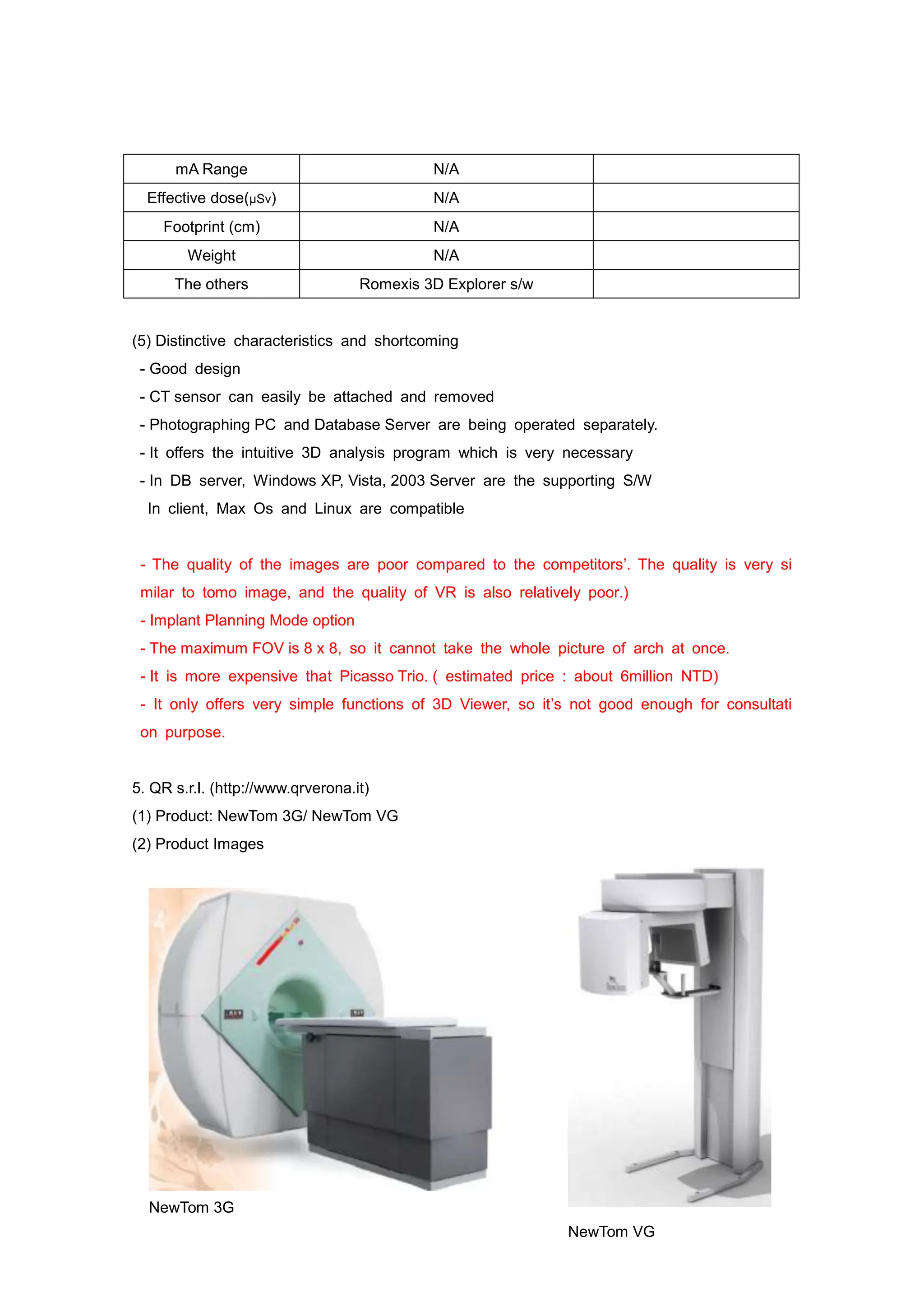 mA Range N/A
Effective dose(µSv) N/A
Footprint (cm) N/A
Weight N/A
The others Romexis 3D Explorer s/w
(5) Distinctive characteristics and shortcoming
- Good design
- CT sensor can easily be attached and removed
- Photographing PC and Database Server are being operated separately.
- It offers the intuitive 3D analysis program which is very necessary
- In DB server, Windows XP, Vista, 2003 Server are the supporting S/W
In client, Max Os and Linux are compatible
- The quality of the images are poor compared to the competitors’. The quality is very si
milar to tomo image, and the quality of VR is also relatively poor.)
- Implant Planning Mode option
- The maximum FOV is 8 x 8, so it cannot take the whole picture of arch at once.
- It is more expensive that Picasso Trio. ( estimated price : about 6million NTD)
- It only offers very simple functions of 3D Viewer, so it’s not good enough for consultati
on purpose.
5. QR s.r.l. (http://www.qrverona.it)
(1) Product: NewTom 3G/ NewTom VG
(2) Product Images
NewTom 3G
NewTom VG
 