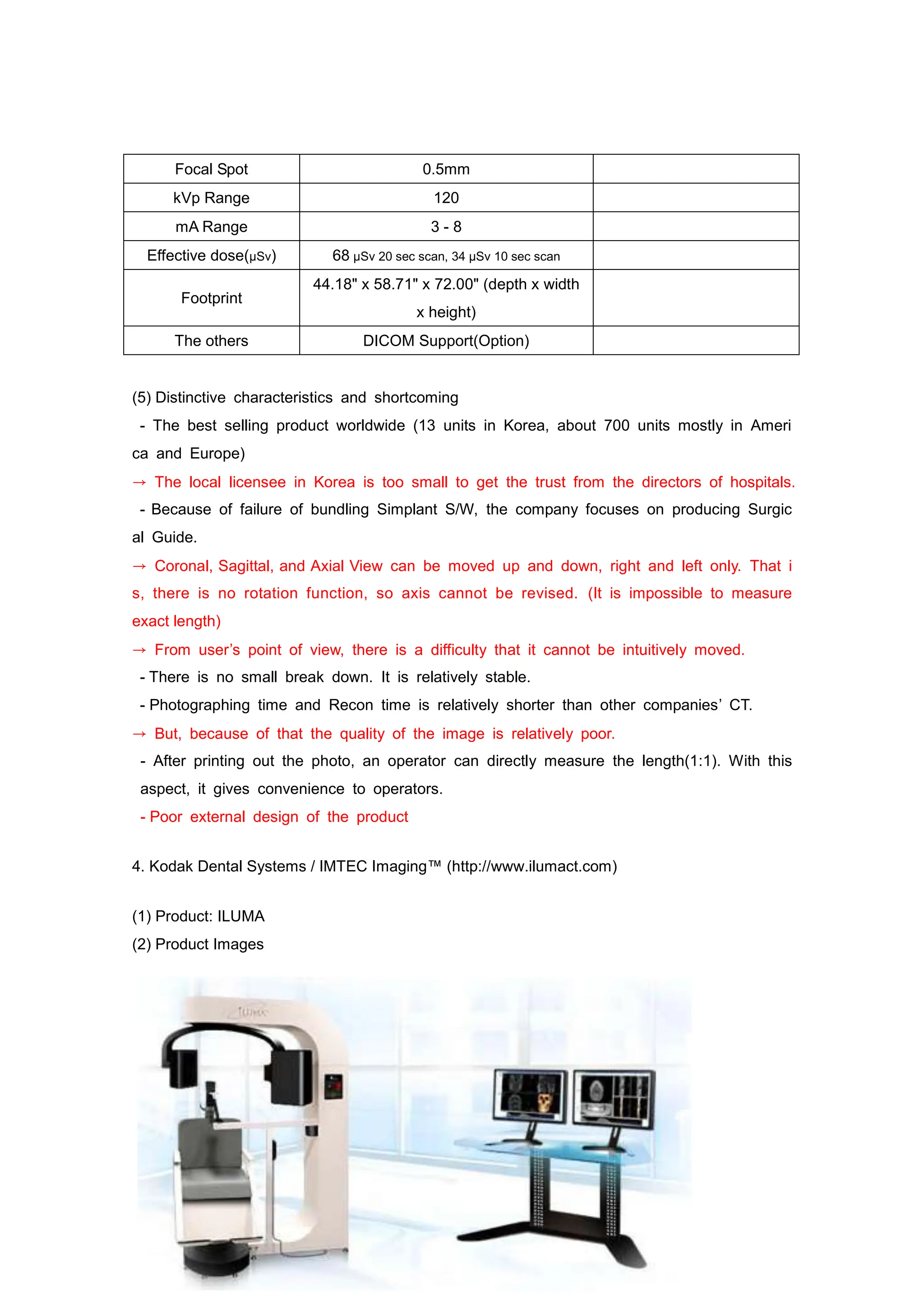 Focal Spot 0.5mm
kVp Range 120
mA Range 3 - 8
Effective dose(µSv) 68 µSv 20 sec scan, 34 µSv 10 sec scan
Footprint
44.18" x 58.71" x 72.00" (depth x width
x height)
The others DICOM Support(Option)
(5) Distinctive characteristics and shortcoming
- The best selling product worldwide (13 units in Korea, about 700 units mostly in Ameri
ca and Europe)
→ The local licensee in Korea is too small to get the trust from the directors of hospitals.
- Because of failure of bundling Simplant S/W, the company focuses on producing Surgic
al Guide.
→ Coronal, Sagittal, and Axial View can be moved up and down, right and left only. That i
s, there is no rotation function, so axis cannot be revised. (It is impossible to measure
exact length)
→ From user’s point of view, there is a difficulty that it cannot be intuitively moved.
- There is no small break down. It is relatively stable.
- Photographing time and Recon time is relatively shorter than other companies’ CT.
→ But, because of that the quality of the image is relatively poor.
- After printing out the photo, an operator can directly measure the length(1:1). With this
aspect, it gives convenience to operators.
- Poor external design of the product
4. Kodak Dental Systems / IMTEC Imaging™ (http://www.ilumact.com)
(1) Product: ILUMA
(2) Product Images
(3) S/W Images
 
