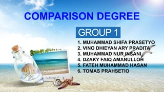 GROUP 1
COMPARISON DEGREE
1. MUHAMMAD SHIFA PRASETYO
2. VINO DHIEYAN ARY PRADITA
3. MUHAMMAD NUR INSANI
4. DZAKY FAIQ AMANULLOH
5. FATEH MUHAMMAD HASAN
6. TOMAS PRAHSETIO
 
