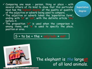  Comparing one noun – person, thing or place – with
  several others of its kind to show that this particular      Superlative
  noun has the highest degree of the quality or quantity         Degree
  of the adjective or adverb being used to compare.
 The adjective or adverb takes the „superlative form‟,
  ending with „st‟ or „est‟, with the definite article „the‟
  before it.
 The preposition „of‟ is used when the comparison is
  among items, and „in‟ is used to specify the place,
  position or area.

          S + to be + the + adj/adv + est




                            The elephant is the largest
                                    of all land animals.
 