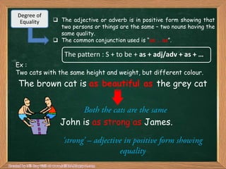 Degree of
 Equality    The adjective or adverb is in positive form showing that
              two persons or things are the same – two nouns having the
              same quality.
             The common conjunction used is “as … as”.

                The pattern : S + to be + as + adj/adv + as + …
Ex :
Two cats with the same height and weight, but different colour.
The brown cat is as beautiful as the grey cat



              John is as strong as James.
 