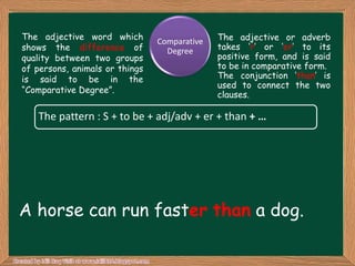 The adjective word which                      The adjective or adverb
                                Comparative
shows the difference of           Degree      takes „r‟ or „er‟ to its
quality between two groups                    positive form, and is said
of persons, animals or things                 to be in comparative form.
is said to be in the                          The conjunction „than‟ is
                                              used to connect the two
“Comparative Degree”.
                                              clauses.

    The pattern : S + to be + adj/adv + er + than + …




A horse can run faster than a dog.
 