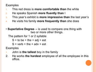 Examples
1. This red dress is more comfortable than the white
2. He speaks Spanish more fluently than I
3. This year’s exhibit is more impressive than the last year’s
4. He visits his family more frequently than she does
• Superlative Degree→ is used to compare one thing with
two or more other things.
The pattern for 1 or 2 syllable
S + to be + the + adj + est
S + verb + the + adv + est
Examples
1. John is the tallest boy in the family
2. He works the hardest employee of all the employee in this
office.
 