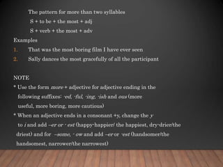 The pattern for more than two syllables
S + to be + the most + adj
S + verb + the most + adv
Examples
1. That was the most boring film I have ever seen
2. Sally dances the most gracefully of all the participant
NOTE
* Use the form more + adjective for adjective ending in the
following suffixes: -ed, -ful, -ing, -ish and ous (more
useful, more boring, more cautious)
* When an adjective ends in a consonant +y, change the y
to i and add –er or - est (happy-happier/ the happiest, dry-drier/the
driest) and for –some, - ow and add –er or -est (handsomer/the
handsomest, narrower/the narrowest)
 