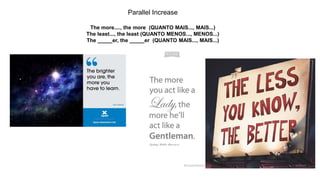 Parallel Increase
The more...., the more (QUANTO MAIS..., MAIS...)
The least..., the least (QUANTO MENOS..., MENOS...)
The _____er, the _____er (QUANTO MAIS..., MAIS...)
 