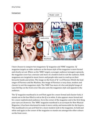 Amy Farlow


Comparison
                                                  Model credit




                                   Lead article




                                       Masthead



I have chosen to compare two magazines ‘Q’ magazine and ‘NME’ magazine. ‘Q’
magazine targets an older audience as the house style of the magazine is more formal
and clearly set out. Where as the ‘NME’ targets a younger audience teenagers upwards,
the magazine cover has a messier and more of a modern look to suit the audience. Both
magazines are targeted to music lovers and people who want to read up on their
favourite bands and artists. The image on the front of ‘Q’ is of Florence Welch the lead
singer of Florence and the Machine, this image of Florence is very clean, modern and
classier to suit the magazines style. The ‘NME’ has more of a fun and playful image of
Lana Del Ray on the front cover this also suits the magazines style and appeals to the
audience.

The ‘Q’ magazine masthead is in serif font again for a more formal and classier look, it
stands out in the box filled in red as the Q is in white. It also appears more formal and
for a more sophisticated audience. Its in the corner of the magazine and is the first thing
your eyes are drawn to. The ‘NME’ magazine masthead is an acronym for New Musical
Magazine, it has been shortened to make it more catchy and memorable for the buyers.
This masthead is in san serif font for a more modern look to the magazine, its bold and
white and again in the corner of the magazine so stands out amongst the other colours
on the front cover.
 