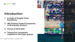Supply Chain Insights LLC Copyright © 2022
1. A study of Supply Chain
Excellence
2. 460 Publicly-Traded Companies
in 28 Industry Sectors
3. Period of 2012-2021
4. Twenty-five companies
outperform their peer groups.
Introduction
3
 