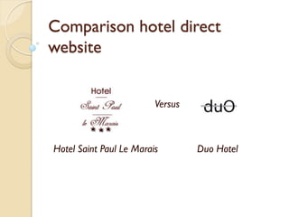 Comparison hotel direct
website


                         Versus



Hotel Saint Paul Le Marais        Duo Hotel
 