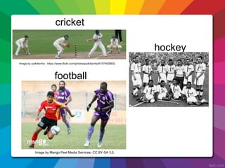 cricket
football
Image by pulkitsinha - https://www.flickr.com/photos/pulkitsinha/5107463883/.
Image by Mango Peel Media Services- CC BY-SA 3.0.
hockey
 