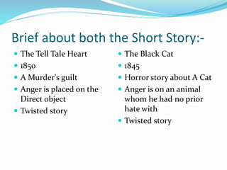 Brief about both the Short Story:-
 The Tell Tale Heart
 1850
 A Murder's guilt
 Anger is placed on the
Direct object
...