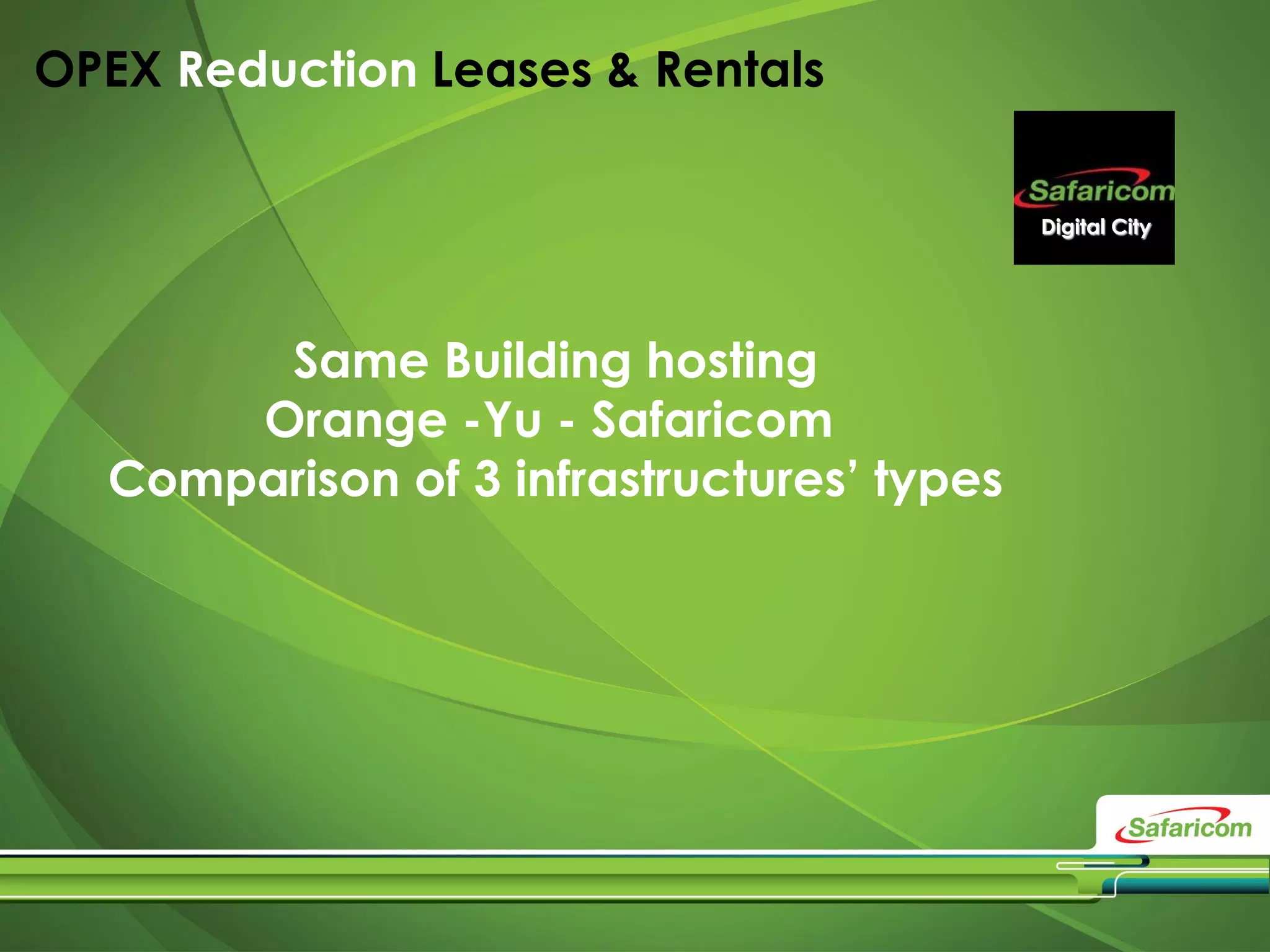 Digital City
OPEX Reduction Leases & Rentals
Same Building hosting
Orange -Yu - Safaricom
Comparison of 3 infrastructures’ types