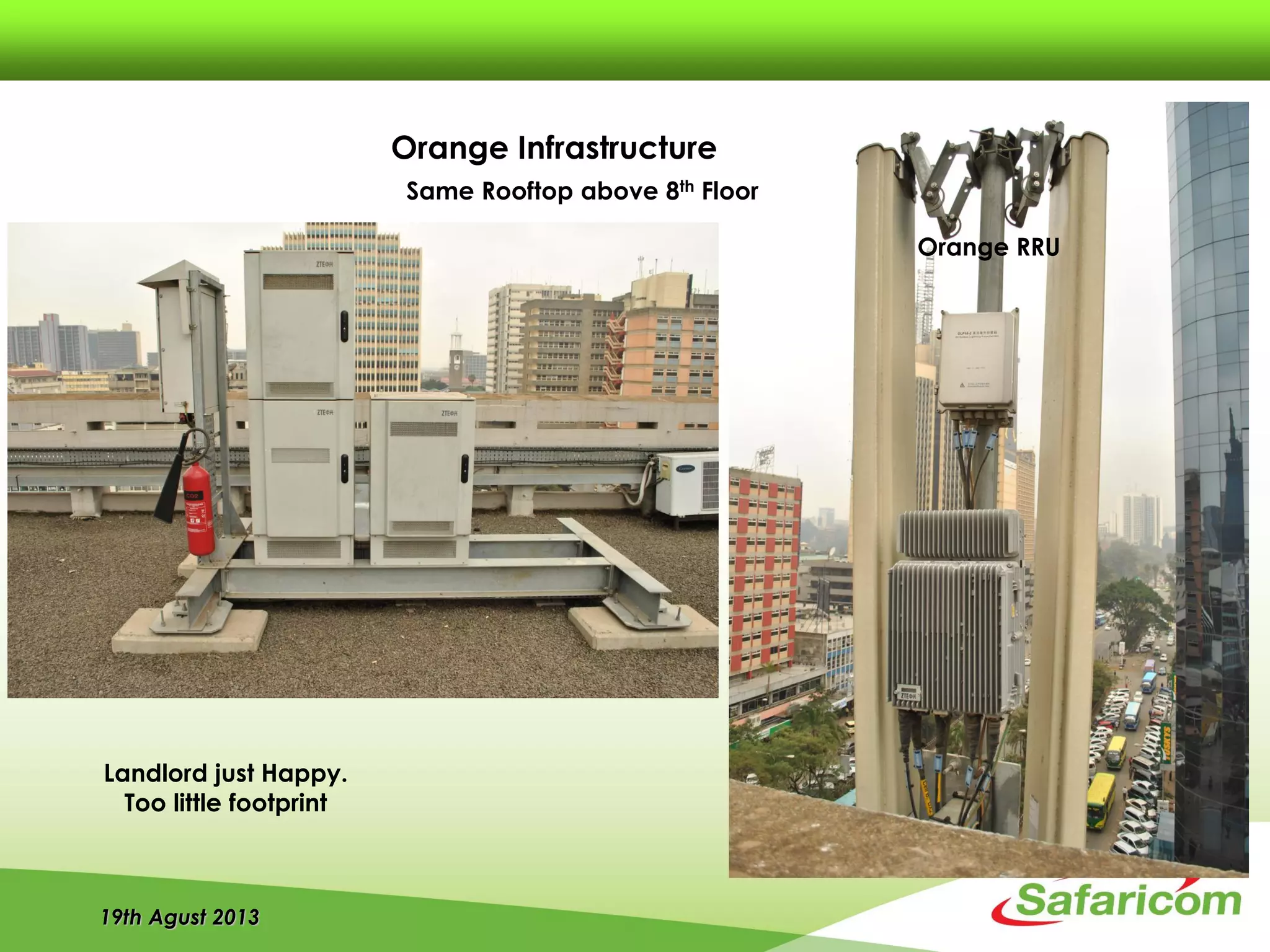 19th Agust 2013
Orange Infrastructure
Orange RRU
Same Rooftop above 8th Floor
Landlord just Happy.
Too little footprint