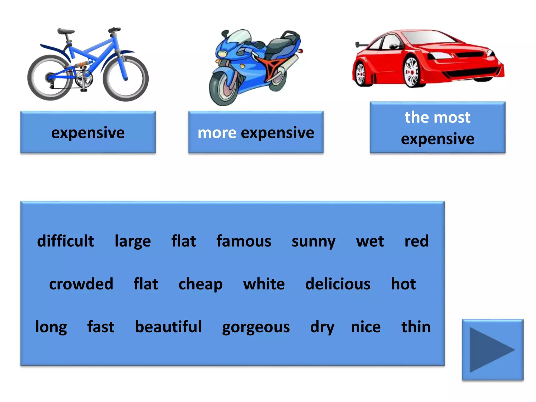 expensive more expensive
the most
expensive
difficult large flat famous sunny wet red
crowded flat cheap white delicious hot
long fast beautiful gorgeous dry nice thin