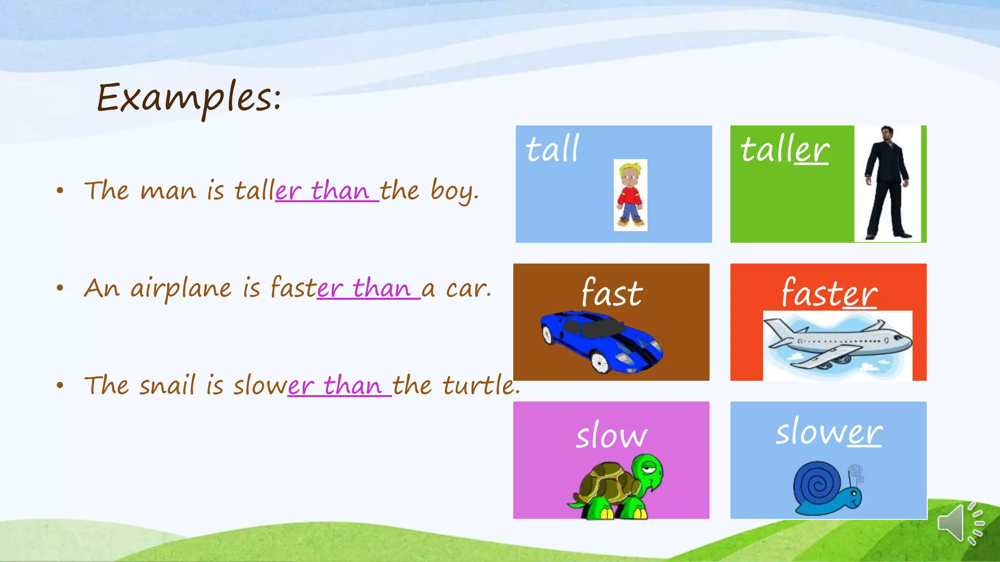 Examples:
• The man is taller than the boy.
• An airplane is faster than a car.
• The snail is slower than the turtle.
tall taller
fast faster
slow slower
 
