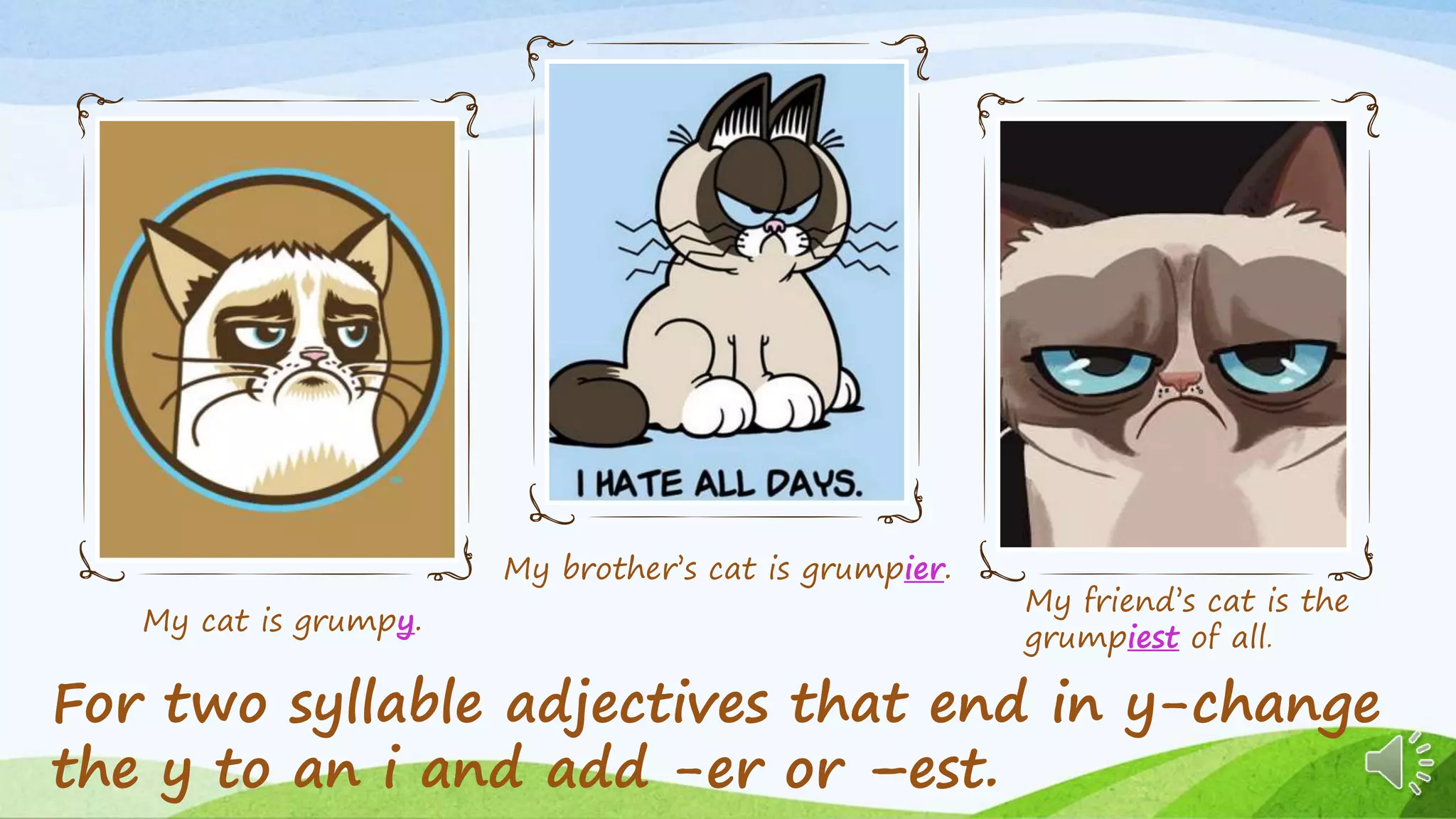 My cat is grumpy.
My brother’s cat is grumpier.
My friend’s cat is the
grumpiest of all.
For two syllable adjectives that end in y-change
the y to an i and add -er or –est.
 