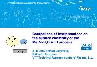 VTT TECHNICAL RESEARCH CENTRE OF FINLAND LTD
Comparison of interpretations on
the surface chemistry of the
Me3Al-H2O ALD process
ALD 2016 Ireland, July 2016
Riikka L. Puurunen
VTT Technical Reseach Centre of Finland, Ltd.
 