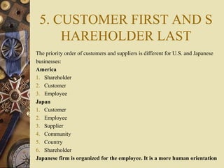 5. CUSTOMER FIRST AND S
HAREHOLDER LAST
The priority order of customers and suppliers is different for U.S. and Japanese
b...