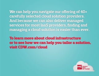 To learn more about cloud infrastructure
or to see how we can help you tailor a solution,
visit CDW.com/cloud
We can help you navigate our offering of 40+
carefully selected cloud solution providers.
And because we can also deliver managed
services for most IaaS providers, finding and
managing a cloud solution is easier than ever.
 