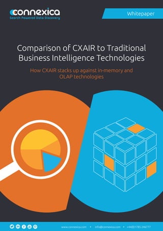 Comparison of CXAIR to Traditional
Business Intelligence Technologies
How CXAIR stacks up against in-memory and
OLAP technologies
Whitepaper
info@connexica.comwww.connexica.com +44(0)1785 246777
Search Powered Data Discovery
 