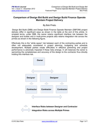 PM World Journal                                    Comparison of Design Bid Build and Design Bid
Vol. I, Issue V – December 2012                         Finance Operate Maintain Project Delivery
www.pmworldjournal.net                      Featured Paper                             Bob Prieto



  Comparison of Design Bid Build and Design Build Finance Operate
                     Maintain Project Delivery

                                          By Bob Prieto

 Design Bid Build (DBB) and Design Build Finance Operate Maintain (DBFOM) project
delivery differ in significant ways as shown in the table at the end of this article. In
simplest terms, under DBB, the owner retains significant interface risk between the
designer and builder and in multi-prime projects also retains integration risk across the
primes as shown in the following figure.

Effectively this is the “white space” risk between each of the contracting parties and is
often not adequately considered in project planning, budgeting and schedule
development. Multiple parties create difficulties in effective partnering and project
performance is adversely impacted if these risks emerge. In all instances the owner is
warranting the completeness and accuracy of the design to the contractor thus directly
holding this interface risk.


                                  Owner




                    Designer                     Designer




                    Contractor       Contractor                Contractor




                          Interface Risks between Designer and Contractor
                          Integration Risks across Multiple Primes




© 2012 Bob Prieto                     www.pmworldlibrary.net                           Page 1 of 7
 