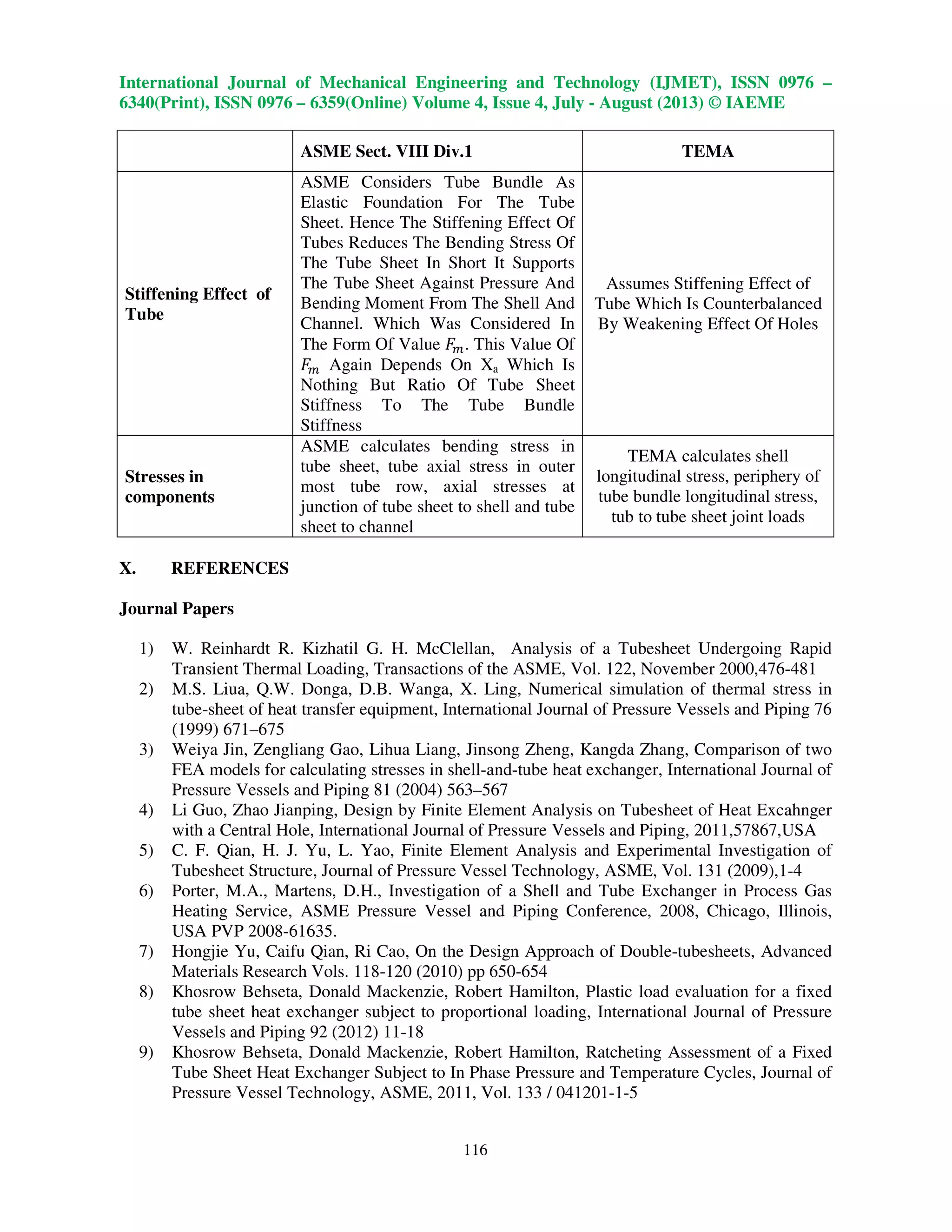International Journal of Mechanical Engineering and Technology (IJMET), ISSN 0976 –
6340(Print), ISSN 0976 – 6359(Online) Volume 4, Issue 4, July - August (2013) © IAEME
116
ASME Sect. VIII Div.1 TEMA
Stiffening Effect of
Tube
ASME Considers Tube Bundle As
Elastic Foundation For The Tube
Sheet. Hence The Stiffening Effect Of
Tubes Reduces The Bending Stress Of
The Tube Sheet In Short It Supports
The Tube Sheet Against Pressure And
Bending Moment From The Shell And
Channel. Which Was Considered In
The Form Of Value ‫ܨ‬௠. This Value Of
‫ܨ‬௠ Again Depends On Xa Which Is
Nothing But Ratio Of Tube Sheet
Stiffness To The Tube Bundle
Stiffness
Assumes Stiffening Effect of
Tube Which Is Counterbalanced
By Weakening Effect Of Holes
Stresses in
components
ASME calculates bending stress in
tube sheet, tube axial stress in outer
most tube row, axial stresses at
junction of tube sheet to shell and tube
sheet to channel
TEMA calculates shell
longitudinal stress, periphery of
tube bundle longitudinal stress,
tub to tube sheet joint loads
X. REFERENCES
Journal Papers
1) W. Reinhardt R. Kizhatil G. H. McClellan, Analysis of a Tubesheet Undergoing Rapid
Transient Thermal Loading, Transactions of the ASME, Vol. 122, November 2000,476-481
2) M.S. Liua, Q.W. Donga, D.B. Wanga, X. Ling, Numerical simulation of thermal stress in
tube-sheet of heat transfer equipment, International Journal of Pressure Vessels and Piping 76
(1999) 671–675
3) Weiya Jin, Zengliang Gao, Lihua Liang, Jinsong Zheng, Kangda Zhang, Comparison of two
FEA models for calculating stresses in shell-and-tube heat exchanger, International Journal of
Pressure Vessels and Piping 81 (2004) 563–567
4) Li Guo, Zhao Jianping, Design by Finite Element Analysis on Tubesheet of Heat Excahnger
with a Central Hole, International Journal of Pressure Vessels and Piping, 2011,57867,USA
5) C. F. Qian, H. J. Yu, L. Yao, Finite Element Analysis and Experimental Investigation of
Tubesheet Structure, Journal of Pressure Vessel Technology, ASME, Vol. 131 (2009),1-4
6) Porter, M.A., Martens, D.H., Investigation of a Shell and Tube Exchanger in Process Gas
Heating Service, ASME Pressure Vessel and Piping Conference, 2008, Chicago, Illinois,
USA PVP 2008-61635.
7) Hongjie Yu, Caifu Qian, Ri Cao, On the Design Approach of Double-tubesheets, Advanced
Materials Research Vols. 118-120 (2010) pp 650-654
8) Khosrow Behseta, Donald Mackenzie, Robert Hamilton, Plastic load evaluation for a fixed
tube sheet heat exchanger subject to proportional loading, International Journal of Pressure
Vessels and Piping 92 (2012) 11-18
9) Khosrow Behseta, Donald Mackenzie, Robert Hamilton, Ratcheting Assessment of a Fixed
Tube Sheet Heat Exchanger Subject to In Phase Pressure and Temperature Cycles, Journal of
Pressure Vessel Technology, ASME, 2011, Vol. 133 / 041201-1-5
 