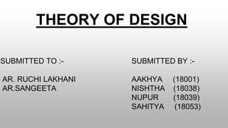 THEORY OF DESIGN
SUBMITTED TO :-
AR. RUCHI LAKHANI
AR.SANGEETA
SUBMITTED BY :-
AAKHYA (18001)
NISHTHA (18038)
NUPUR (18039)
SAHITYA (18053)
 