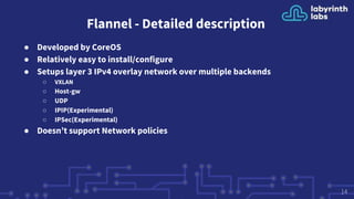 Flannel - Detailed description
● Developed by CoreOS
● Relatively easy to install/configure
● Setups layer 3 IPv4 overlay network over multiple backends
○ VXLAN
○ Host-gw
○ UDP
○ IPIP(Experimental)
○ IPSec(Experimental)
● Doesn’t support Network policies
14
 