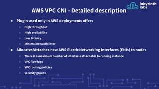 AWS VPC CNI - Detailed description
● Plugin used only in AWS deployments offers
○ High throughput
○ High availability
○ Low latency
○ Minimal network jitter
● Allocates/Attaches new AWS Elastic Networking Interfaces (ENIs) to nodes
○ There is a maximum number of interfaces attachable to running instance
○ VPC flow logs
○ VPC routing policies
○ security groups
19
 