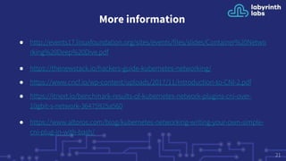 More information
● http://events17.linuxfoundation.org/sites/events/files/slides/Container%20Netwo
rking%20Deep%20Dive.pdf
● https://thenewstack.io/hackers-guide-kubernetes-networking/
● https://www.cncf.io/wp-content/uploads/2017/11/Introduction-to-CNI-2.pdf
● https://itnext.io/benchmark-results-of-kubernetes-network-plugins-cni-over-
10gbit-s-network-36475925a560
● https://www.altoros.com/blog/kubernetes-networking-writing-your-own-simple-
cni-plug-in-with-bash/
21
 