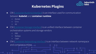 Kubernetes Plugins
● CRI (Container Runtime Interface) is an interface used for communication
between kubelet and container runtime
○ Docker
○ Cri-o
○ rkt
● CSI (Container Storage Interface) is an unified interface between container
orchestration systems and storage vendors
○ EBS
○ NetApp
○ Ceph
● CNI (Container Networking Interface) is an interface between network namespace
and container runtime
7
 