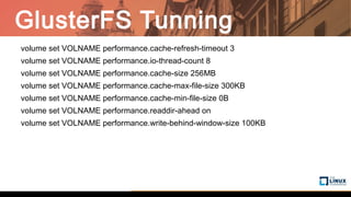 GlusterFS Tunning
volume set VOLNAME performance.cache-refresh-timeout 3
volume set VOLNAME performance.io-thread-count 8
volume set VOLNAME performance.cache-size 256MB
volume set VOLNAME performance.cache-max-file-size 300KB
volume set VOLNAME performance.cache-min-file-size 0B
volume set VOLNAME performance.readdir-ahead on
volume set VOLNAME performance.write-behind-window-size 100KB
 
