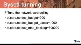 Sysctl tunning
# Tune the network card polling
net.core.netdev_budget=900
net.core.netdev_budget_usecs=1000
net.core.netdev_max_backlog=300000
 