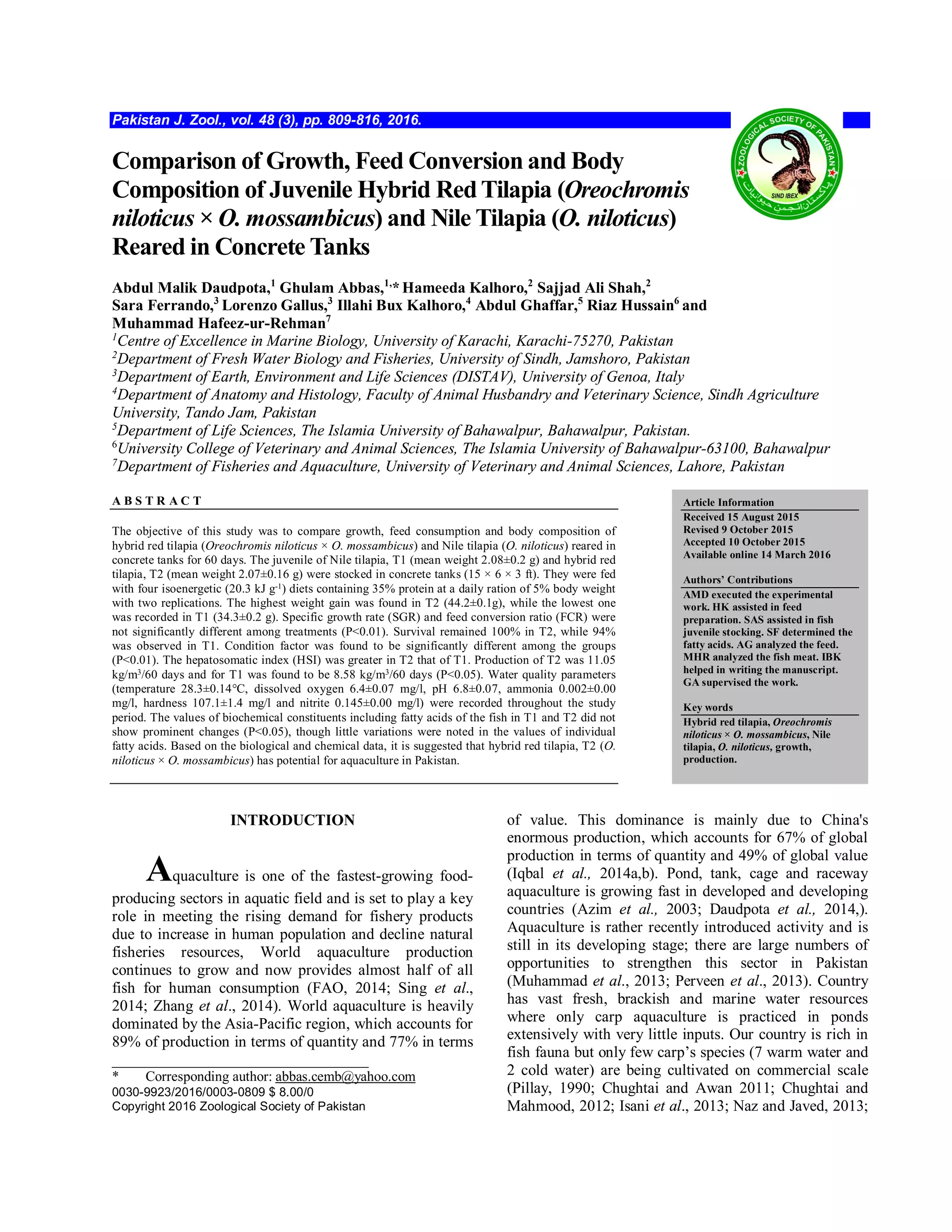 Comparison of growth feed conversion and body composition of juvenile