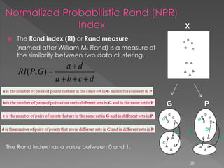 The Rand index (RI) or Rand measure
(named after William M. Rand) is a measure of
the similarity between two data clustering.
G P
a
b
c
d
a
b
c
d
a a
X
dcba
da
GPRI


),(
The Rand index has a value between 0 and 1.
38
 