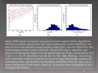 Mean NPR indices achieved using each of the segmentation algorithms.
The first row shows results from the mean shift-based system (EDISON), the
second from the efficient graph-based system (FH), and the third from the
hybrid segmentation system (MS+FH). Results from each algorithm are
given for individual images over the parameter set of all combinations of hr
= {3, 7, 11, 15, 19, 23} and k = {5, 25, 50, 75, 100, 125}. Plots (a), (d) and (g)
show the mean indices achieved on each image individually, ordered by
increasing index, along with one standard deviation. Plots (b), (e) and (h)
show histograms of the means. Plots (c), (f) and (i) show histograms of the
standard deviations.
52
 