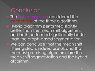  The first comparison considered the
correctness of the three algorithms.
 Hybrid algorithm performed slightly
better than the mean shift algorithm,
and both performed significantly better
than the graph-based segmentation.
 We can conclude that the mean shift
filtering step is indeed useful, and that
the most promising algorithms are the
mean shift segmentation and the hybrid
algorithm.
70
 