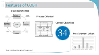 Features of COBIT
Business Oriented
Process Oriented
Control Objectives

Measurement Driven

Note: I don’t own the rights ...