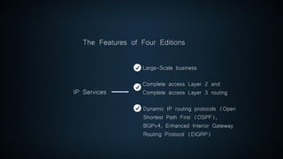 IP Services
Large-Scale business
Complete access Layer 2 and
Complete access Layer 3 routing
Dynamic IP routing protocols (Open
Shortest Path First (OSPF),
BGPv4, Enhanced Interior Gateway
Routing Protocol (EIGRP)
The Features of Four Editions