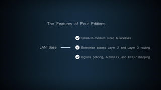 LAN Base
Small-to-medium sized businesses
Enterprise access Layer 2 and Layer 3 routing
Ingress policing, AutoQOS, and DSCP mapping
The Features of Four Editions