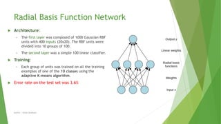 Radial Basis Function Network
 Architecture:
• The first layer was composed of 1000 Gaussian RBF
units with 400 inputs (20x20). The RBF units were
divided into 10 groups of 100.
• The second layer was a simple 100 linear classifier.
 Training:
• Each group of units was trained on all the training
examples of one of the 10 classes using the
adaptive K-means algorithm.
 Error rate on the test set was 3.6%
Author | Safaa Alnabulsi
 