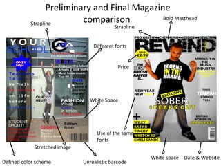Preliminary and Final Magazine comparison  White Space Unrealistic barcode Strapline Defined color scheme Date & Website Different fonts Stretched image White space Bold Masthead Price Use of the same fonts Strapline 