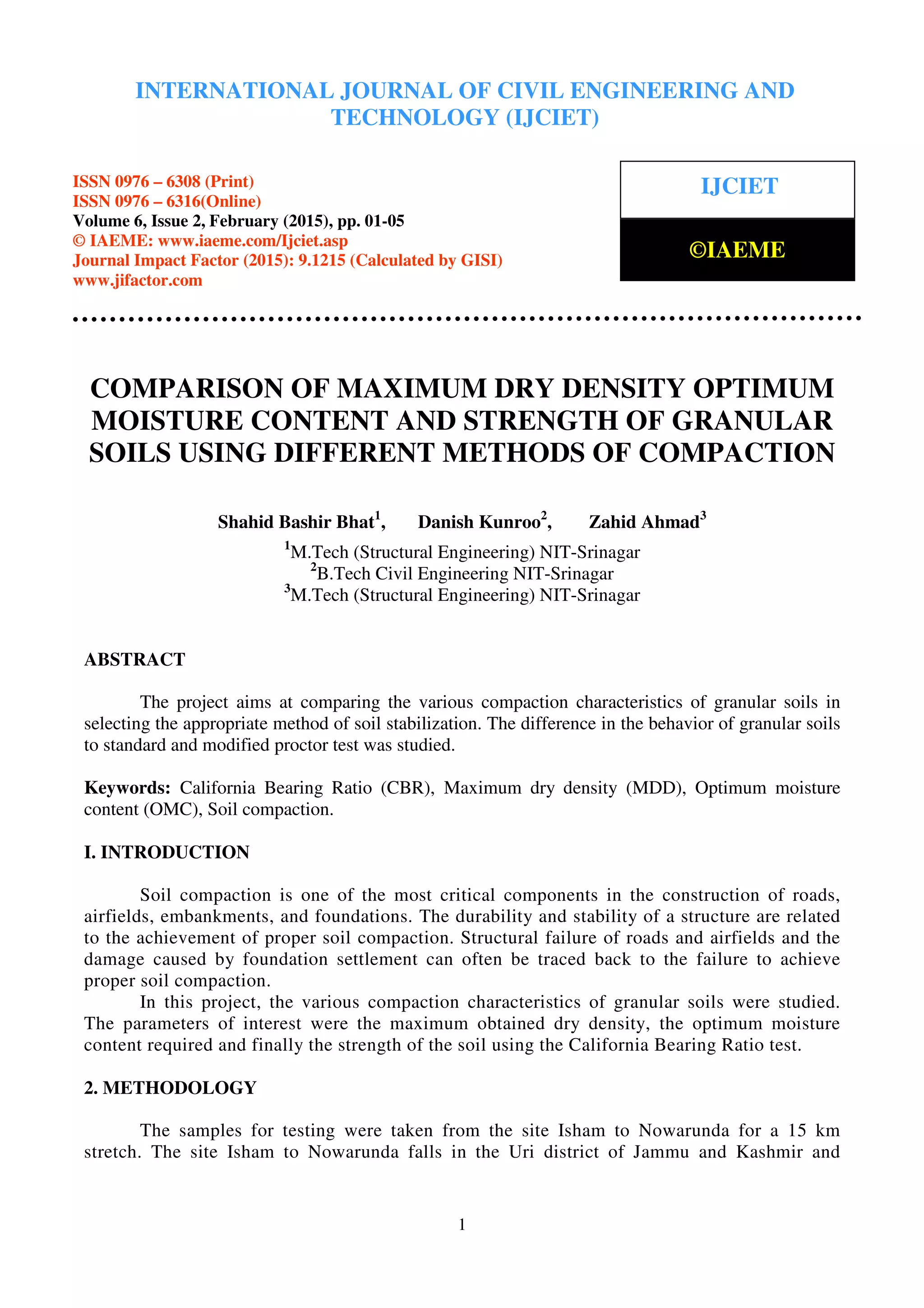 COMPARISON OF MAXIMUM DRY DENSITY OPTIMUM MOISTURE CONTENT AND STRENGTH ...