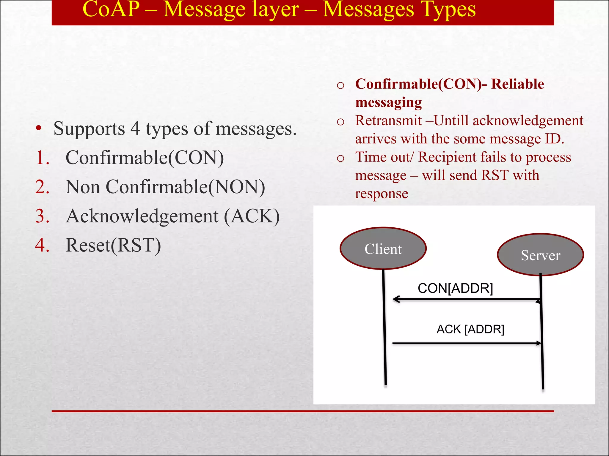 CoAP – Message layer – Messages Types
• Supports 4 types of messages.
1. Confirmable(CON)
2. Non Confirmable(NON)
3. Acknowledgement (ACK)
4. Reset(RST)
o Confirmable(CON)- Reliable
messaging
o Retransmit –Untill acknowledgement
arrives with the some message ID.
o Time out/ Recipient fails to process
message – will send RST with
response
c
Client Server
ACK [ADDR]
CON[ADDR]
 
