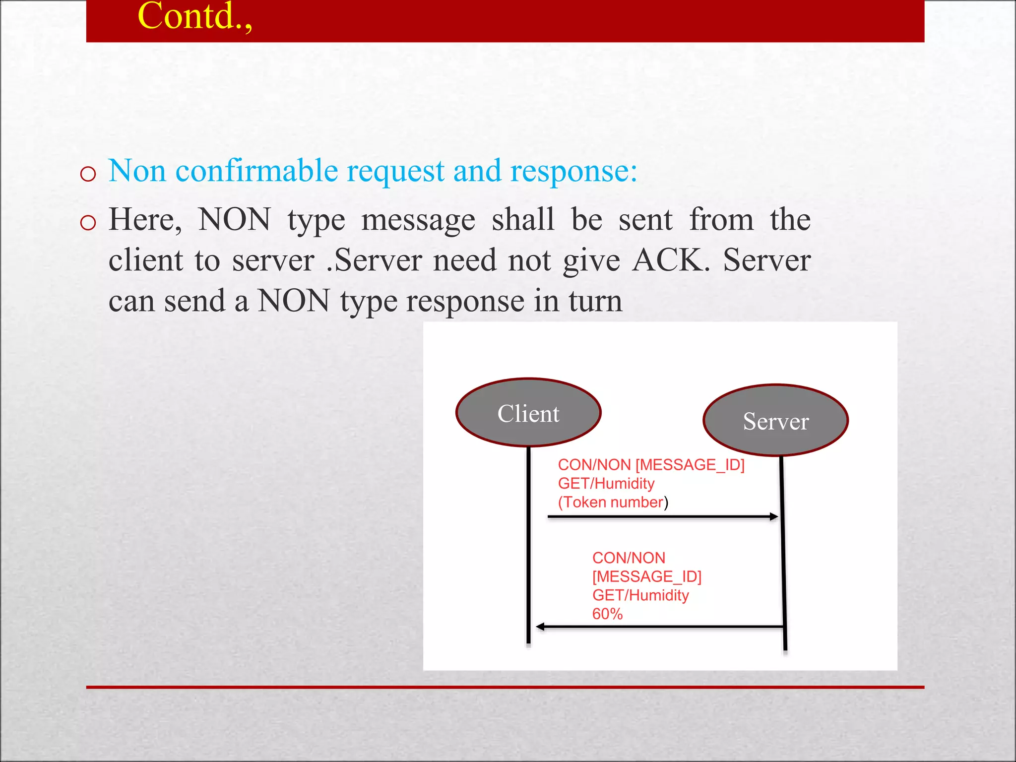 Contd.,
o Non confirmable request and response:
o Here, NON type message shall be sent from the
client to server .Server need not give ACK. Server
can send a NON type response in turn
c
Client Server
CON/NON [MESSAGE_ID]
GET/Humidity
(Token number)
CON/NON
[MESSAGE_ID]
GET/Humidity
60%
 