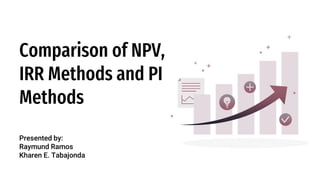 Comparison of NPV,
IRR Methods and PI
Methods
Presented by:
Raymund Ramos
Kharen E. Tabajonda
 