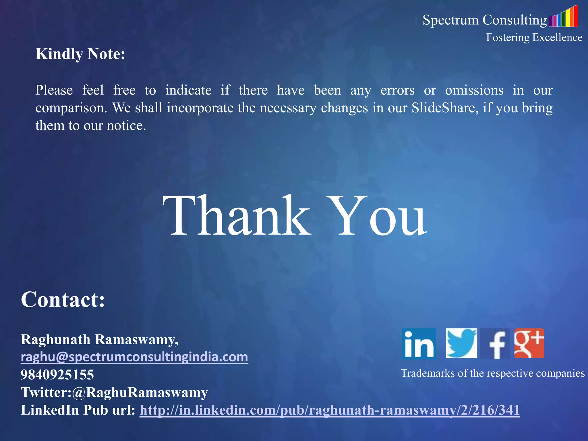 8
Thank You
Contact:
Raghunath Ramaswamy,
raghu@spectrumconsultingindia.com
9840925155
Twitter:@RaghuRamaswamy
LinkedIn Pub url: http://in.linkedin.com/pub/raghunath-ramaswamy/2/216/341
Kindly Note:
Please feel free to indicate if there have been any errors or omissions in our
comparison. We shall incorporate the necessary changes in our SlideShare, if you bring
them to our notice.
Spectrum Consulting
Fostering Excellence
Trademarks of the respective companies
 