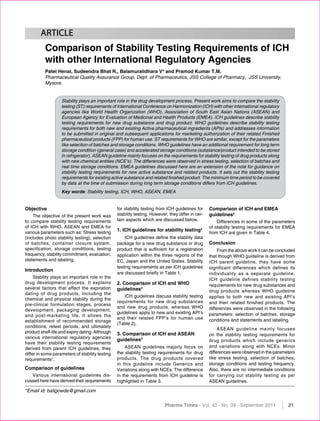Pharma Times - Vol. 43 - No. 09 - September 2011	 21
Article
Comparison of Stability Testing Requirements of ICH
with other International Regulatory Agencies
Patel Henal, Sudeendra Bhat R., Balamuralidhara V* and Pramod Kumar T.M.
Pharmaceutical Quality Assurance Group, Dept. of Pharmaceutics, JSS College of Pharmacy, JSS University,
Mysore.
*Email id: baligowda@gmail.com
Objective
The objective of the present work was
to compare stability testing requirements
of ICH with WHO, ASEAN and EMEA for
various parameters such as: Stress testing
(includes photo stability testing), selection
of batches, container closure system,
specification, storage conditions, testing
frequency, stability commitment, evaluation,
statements and labeling.
Introduction
Stability plays an important role in the
drug development process. It explains
several factors that affect the expiration
dating of drug products, including the
chemical and physical stability during the
pre-clinical formulation stages, process
development, packaging development,
and post-marketing life. It allows the
establishment of recommended storage
conditions, retest periods, and ultimately
product shelf-life and expiry dating. Although
various international regulatory agencies
have their stability testing requirements
derived from parent ICH guidelines, they
differ in some parameters of stability testing
requirements1
.
Comparison of guidelines
Various international guidelines dis-
cussed here have derived their requirements
Stability plays an important role in the drug development process. Present work aims to compare the stability
testing (ST) requirements of International Conference on Harmonization (ICH) with other international regulatory
agencies like World Health Organization (WHO), Association of South East Asian Nations (ASEAN) and
European Agency for Evaluation of Medicinal and Health Products (EMEA). ICH guidelines describe stability
testing requirements for new drug substance and drug product. WHO guidelines describe stability testing
requirements for both new and existing Active pharmaceutical ingredients (APIs) and addresses information
to be submitted in original and subsequent applications for marketing authorization of their related Finished
pharmaceutical products (FPP) for human use. ST requirements for WHO are similar, except for the parameters
like selection of batches and storage conditions. WHO guidelines have an additional requirement for long term
storage condition (general case) and accelerated storage conditions (substance/product intended to be stored
in refrigerator). ASEAN guideline mainly focuses on the requirements for stability testing of drug products along
with new chemical entities (NCE’s). The differences were observed in stress testing, selection of batches and
real time storage conditions. EMEA guidelines discussed here are an extension of the note for guidance on
stability testing requirements for new active substance and related products. It sets out the stability testing
requirements for existing active substance and related finished product. The minimum time period to be covered
by data at the time of submission during long term storage conditions differs from ICH guidelines.
Key words: Stability testing, ICH, WHO, ASEAN, EMEA
for stability testing from ICH guidelines for
stability testing. However, they differ in cer-
tain aspects which are discussed below.
1. ICH guidelines for stability testing2
ICH guidelines define the stability data
package for a new drug substance or drug
product that is sufficient for a registration
application within the three regions of the
EC, Japan and the United States. Stability
testing requirements as per ICH guidelines
are discussed briefly in Table 1.
2. Comparison of ICH and WHO
guidelines3
ICH guidelines discuss stability testing
requirements for new drug substances
and new drug products, whereas WHO
guidelines apply to new and existing API’s
and their related FPP’s for human use
(Table 2).
3. Comparison of ICH and ASEAN
guidelines4
ASEAN guidelines majorly focus on
the stability testing requirements for drug
products. The drug products covered
in this guideline include Generics and
Variations along with NCEs. The difference
in the requirements from ICH guideline is
highlighted in Table 3.
Comparison of ICH and EMEA
guidelines5
Differences in some of the parameters
of stability testing requirements for EMEA
from ICH are given in Table 4.
Conclusion
From the above work it can be concluded
that though WHO guideline is derived from
ICH parent guideline, they have some
significant differences which defines its
individuality as a separate guideline.
ICH guideline defines stability testing
requirements for new drug substances and
drug products whereas WHO guideline
applies to both new and existing API’s
and their related finished products. The
differences were observed in the following
parameters: selection of batches, storage
conditions and statements and labeling.
ASEAN guideline mainly focuses
on the stability testing requirements for
drug products which include generics
and variations along with NCEs. Minor
differences were observed in the parameters
like stress testing, selection of batches,
storage conditions and testing frequency.
Also, there are no intermediate conditions
for carrying out stability testing as per
ASEAN guidelines.
 